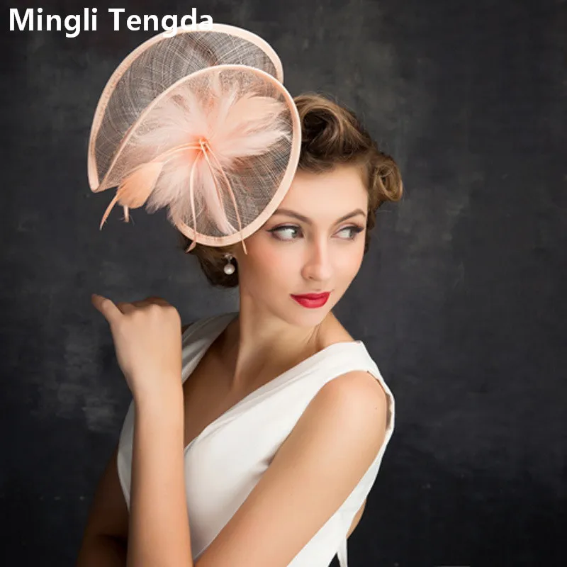 Mingli Tengda Wedding Hat Female Feather Hemp Yarn Solid Color Bride Hat Bridal Headdress Mesh Wedding Banquet Flesh Pink Hats