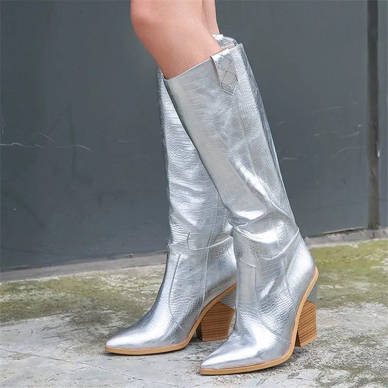 MORAZORA 2024 Fashion women boots thick high heels knee high boots pointed toe gold winter boots high quality knee high boots