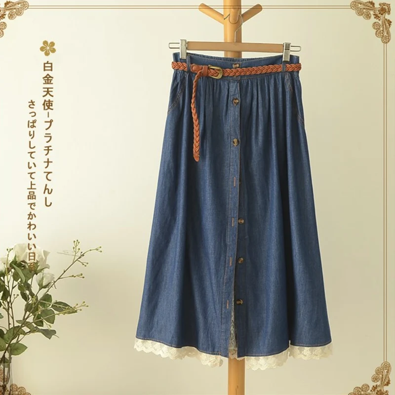 Mori Girl Casual Sweet Denim Skirt Women Clothes Belt Blue Lace Hem Female Vestido Mid Calf Skirt High Waist Jeans Skirts U157