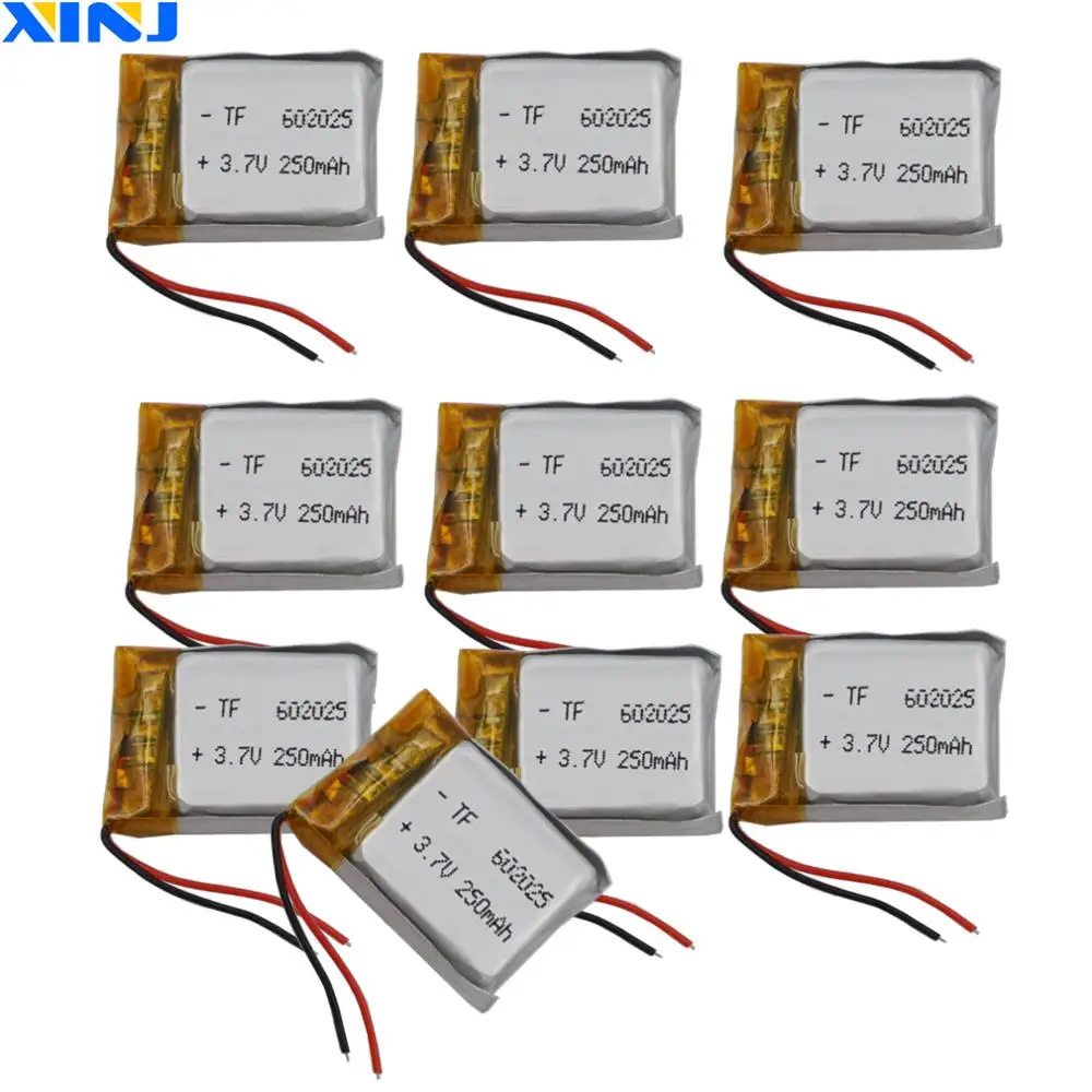 

XINJ 10pcs 3.7V 250mAh Rechargeable Li-Polymer Li Lithium Battery Lipo 602025 For Glasses Headphones Speaker Smart Watch DVR DVC