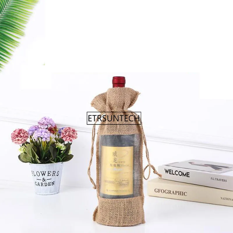 100pcs Natural Jute Burlap Wine Bottle Bag Window Champagne Packaging Gift Bag For Guest Party Decoration 14x30cm