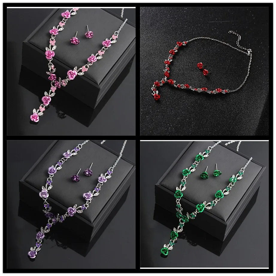 Red Rose Flower  jewelry sets Choker Necklace Jewelry Set Earrings Bridal Jewelry Wedding Bridesmaid Jewelry Set