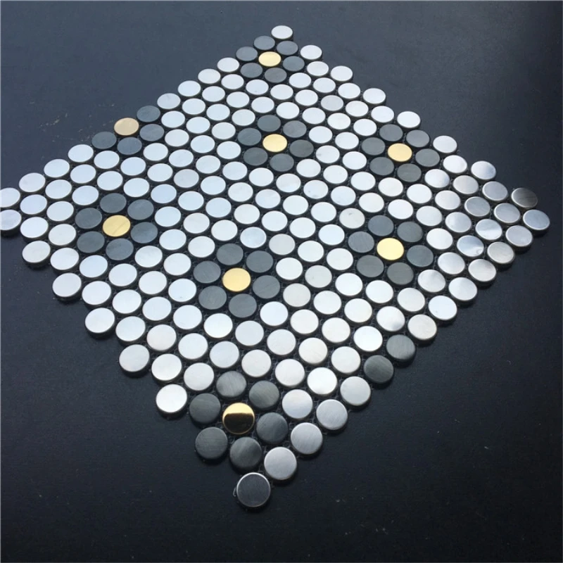 Penny Round Flower Puzzle Black Silver Brushed Stainless steel metal mosaic tile, kitchen bathroom shower Showroom Wall Floor