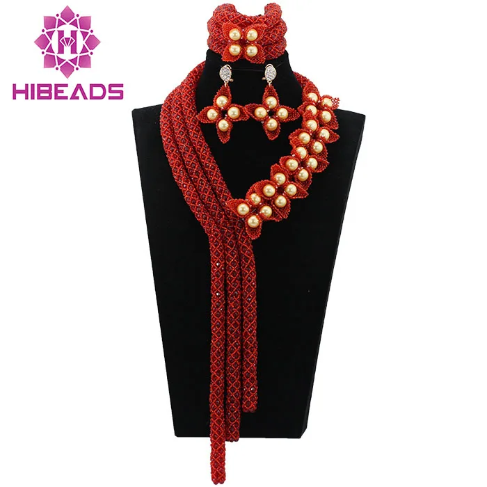 Nigerian Women Wedding Orange Crystal Flowers African Beads Jewelry Set Lady Statement Necklace Earrings Free Shipping ABL605