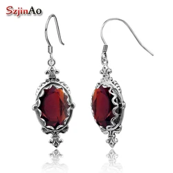 Szjinao Luxury Fashion Austrian Garnet Earring Real 925 Sterling Silver European Style Red Rhinestone Earrings Women Gift