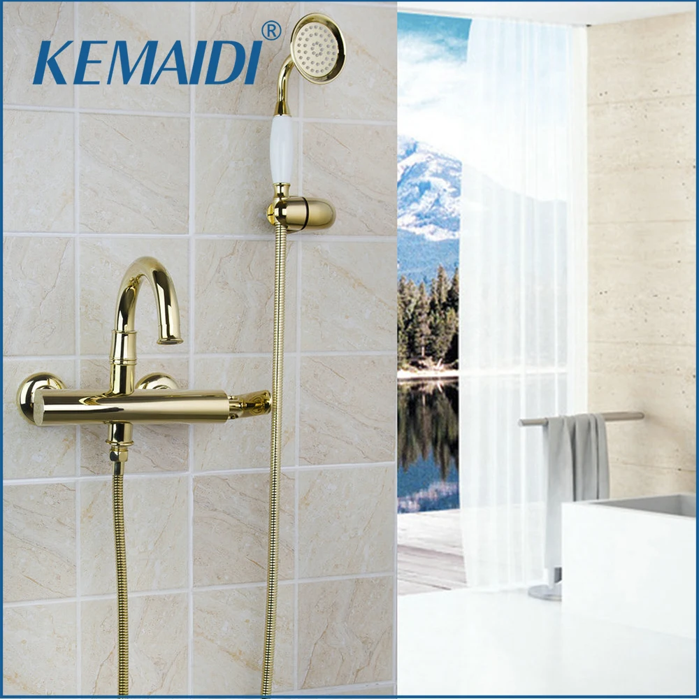 

KEMAIDI Shower Set Faucet Mixer Rain Tap Head Wall Chrome Hand Tub Mount Bathroom Sprayer Rainfall Valve Gold Finished 2018 New