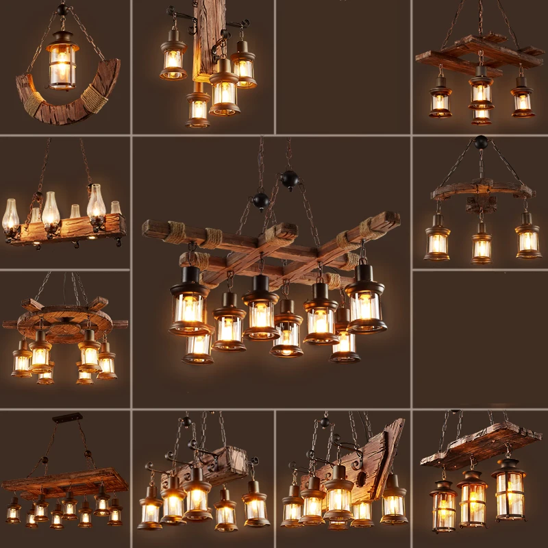 Retro Bar Industrial Wind Loft Solid Wood Personality Restaurant Coffee Shop Industrial Chandelier