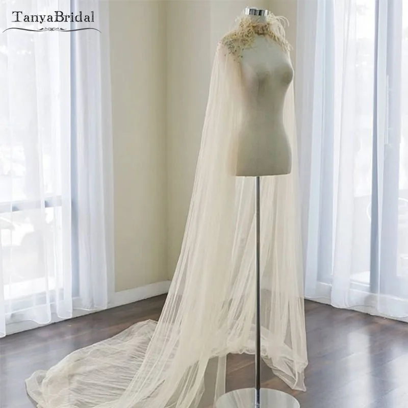 Champagne Luxury Wedding Cape Lace Beaded and feather Elegant Bridal Shawl 2m Length Tulle Wedding Wrap Custom made  DJ008