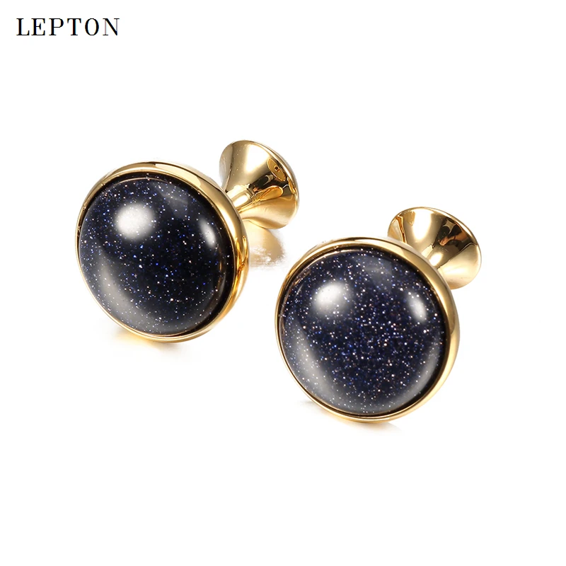 Hot Sale Blue sand stone Cufflinks for Mens Shirt Cuff Cuff links Silver Color Lepton Low-key Luxury Round Sand Stone Cufflinks