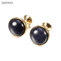 Hot Sale Blue sand stone Cufflinks for Mens Shirt Cuff Cuff links Silver Color Lepton Low-key Luxury Round Sand Stone Cufflinks