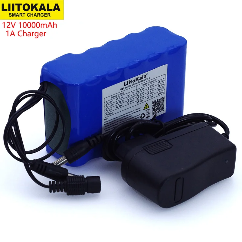 Liitokala 12V 10Ah 18650  li-lon battery pack 10000mAh with BMS Circuit Protection Board DC 5.5*2.1mm+ 12.6V 1A Charger