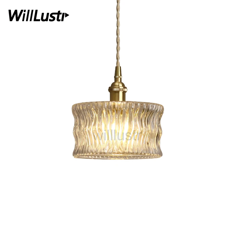 

handmade ribbed glass brass pendant light Art Deco clear crystal glass Japan nordic retro hotel restaurant bar suspension lamp