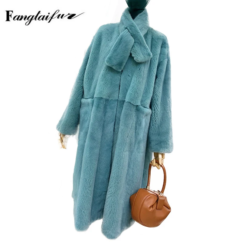 Ftangaiur Winter Winter Women Import Velvet Mink Fur Coat O-Neck Full Sleeve Coats Women's Long Slim Real Mink Fur Coats