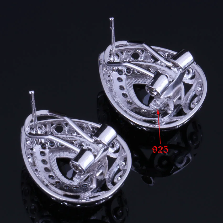 Water Drop Black Cubic Zirconia White CZ Silver Plated Jewelry Sets Earrings Pendant Nacklace Chain Ring V0316