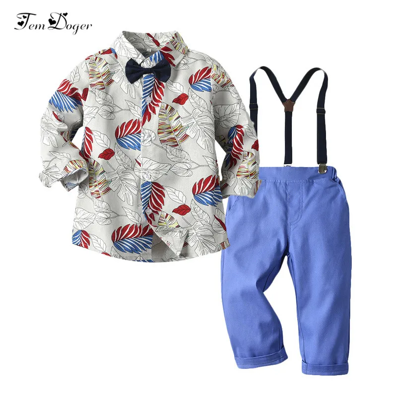 Tem Doger Autumn Baby Clothing Sets Newborn Baby Boys Clothes Long Sleeve Floral Tie Shirts+Overalls 2Pcs Bebes Fashion Suits