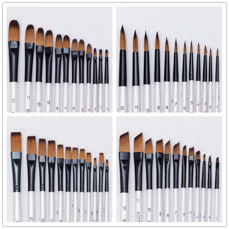 12pcs Fine Nylon Hair Pearl White Wooden Handle Watercolor Paint Brush Pen For Oil Acrylic Painting Art Paint Brushes Supplies