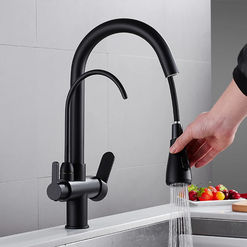 Pull Out Kitchen Faucet Solid Brass Crane For Kitchen Deck Mounted Black Water Filter Tap Sink Faucet Mixer 3 Way Kitchen Faucet