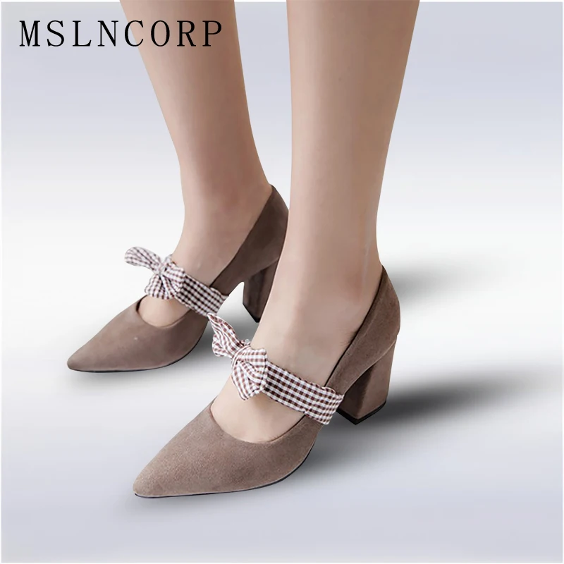 

plus size 34-45 New women pumps fashion new design comfortable square heels quality high Pointed Toe Butterfly knot Sweet Shoes