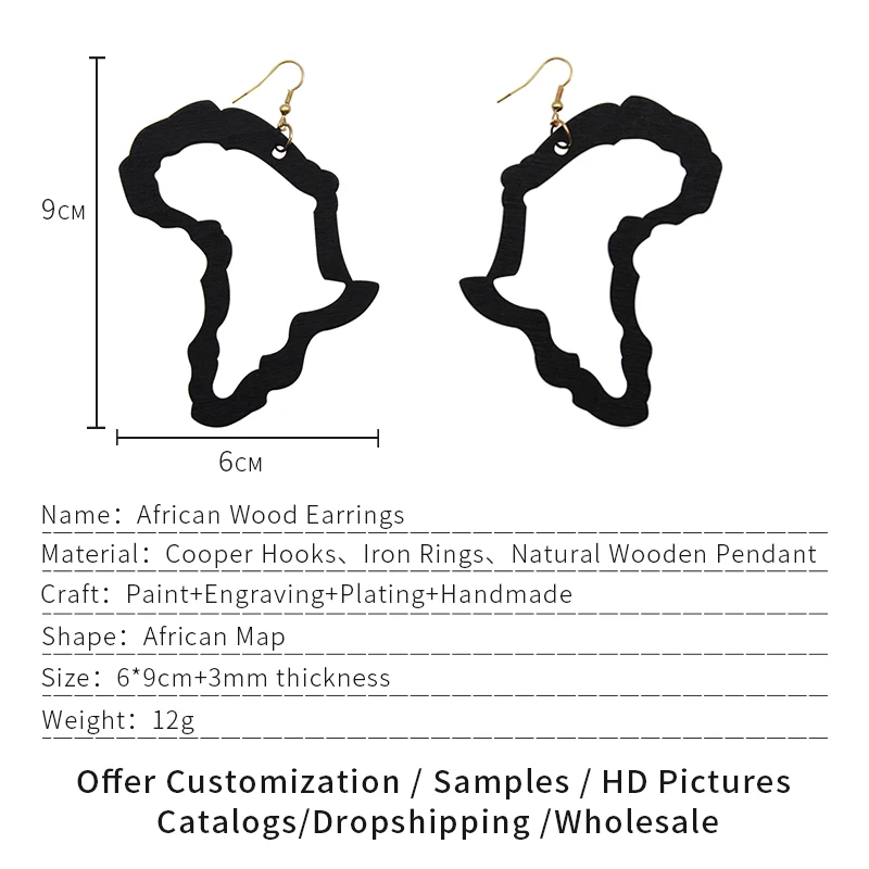 SOMESOOR Hollow Black African Map Engraved Wood Drop Earrings Laser Cutting Afrocentric Ethnic Jewelry For Lady Womne Gifts