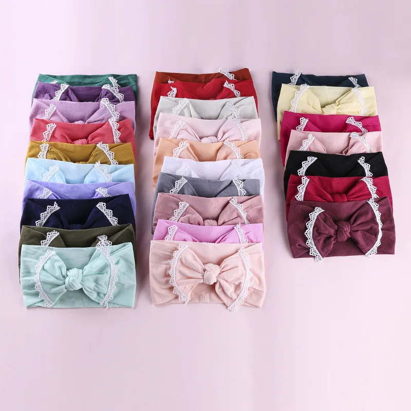 30pc/lot New Girls Lace Trim Knot Bow Nylon Headbands Turban Headwrap Kids Solid Hair Bow Elastic Headbands Hair Accessories