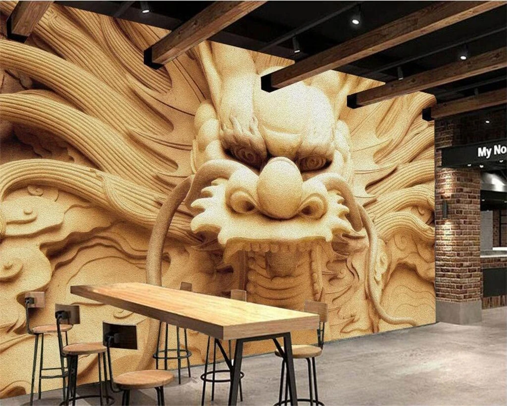 

Beibehang Custom wallpaper home decor murals retro woodcarving, stone dragon 3D TV background wall tooling murals 3d wallpaper