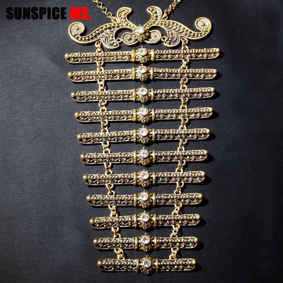 Sunspicems Retro Gold Silver Color Caucasus Women Breastplate Chest Chain Ethnic Bridal Jewelry Wedding Dress Accessories