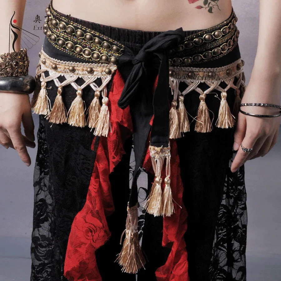 Floral Lace Tribal Belly Dance Clothing Studded Plus Size 3-piece Fringe Costume Set Women Crop Tops Belt Pants