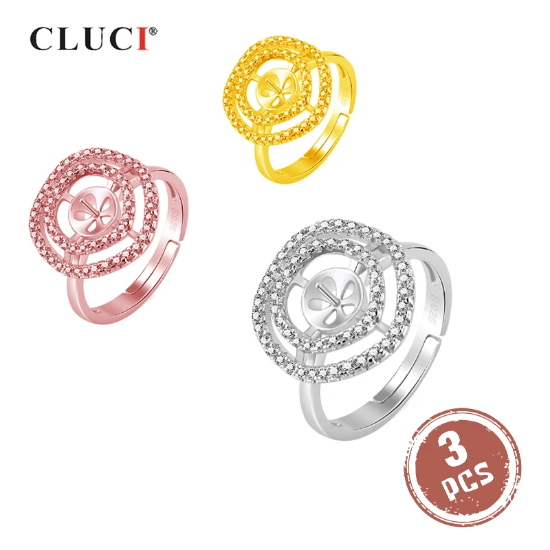 

CLUCI 3pcs 925 Sterling Silver Round Circle Rings Women Pearl Ring Mounting Silver 925 Zircon Adjustable Open Rings SR2142SB