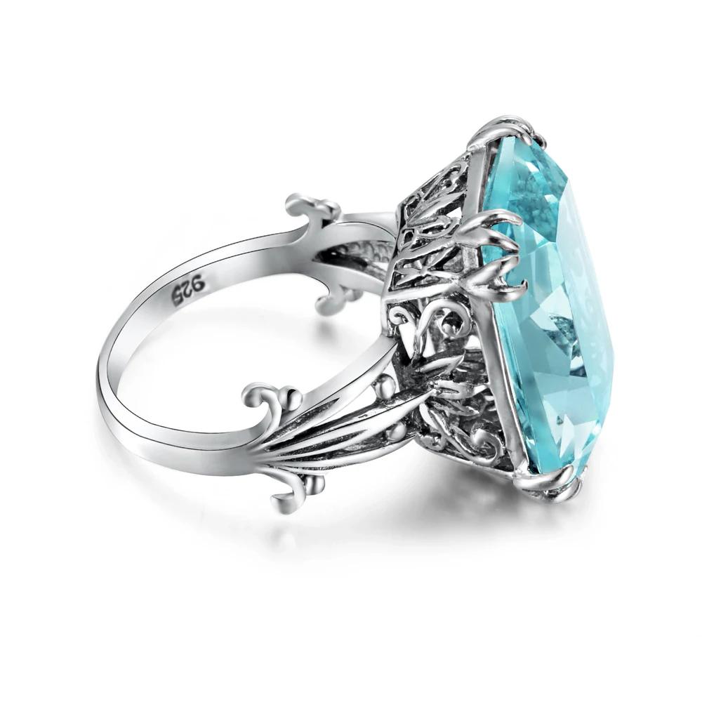 Luxury Square Charms Handmade Vintage Women\'s 925 Sterling Silver Birthstones Sky Blue Crystal Wedding Ring Brand Jewelry