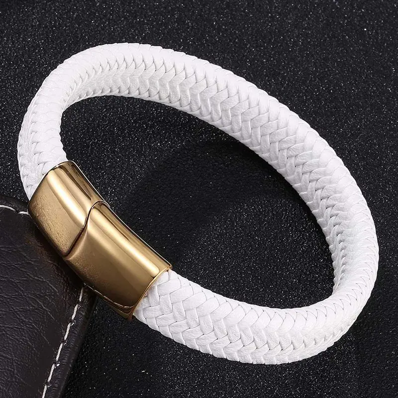 

Bracelet White Leather Bracelet With Magnetic Steel Clasp Jewelry Fashion Bangles Gift BB0227
