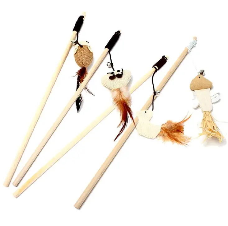 Natural Wooden Funny Cat Stick With Elastic Rope Bell Cats Feather Toys Resuable Eco Friendly Pet Supplies Fashion SN1073