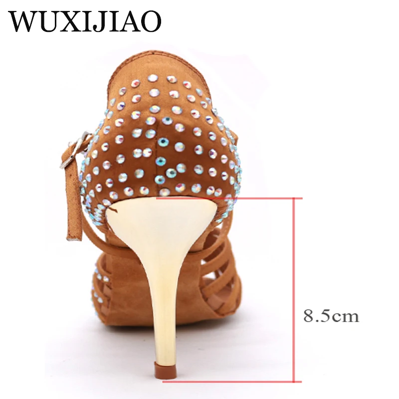 WUXIJIAO-Chaussures de danse latine avec biscuits pour filles, sandales supérieures en satin, talon doré, salle de Rh, femmes, 85mm