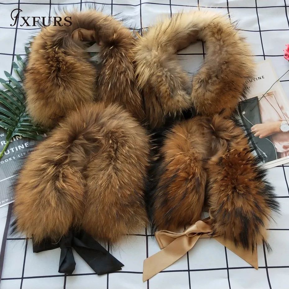 FXFURS 2020 new Fashion Fur Scarf Real Raccoon Dog Fur Collars with Ribbon Real Fur Stole for Wool Coats 48CM