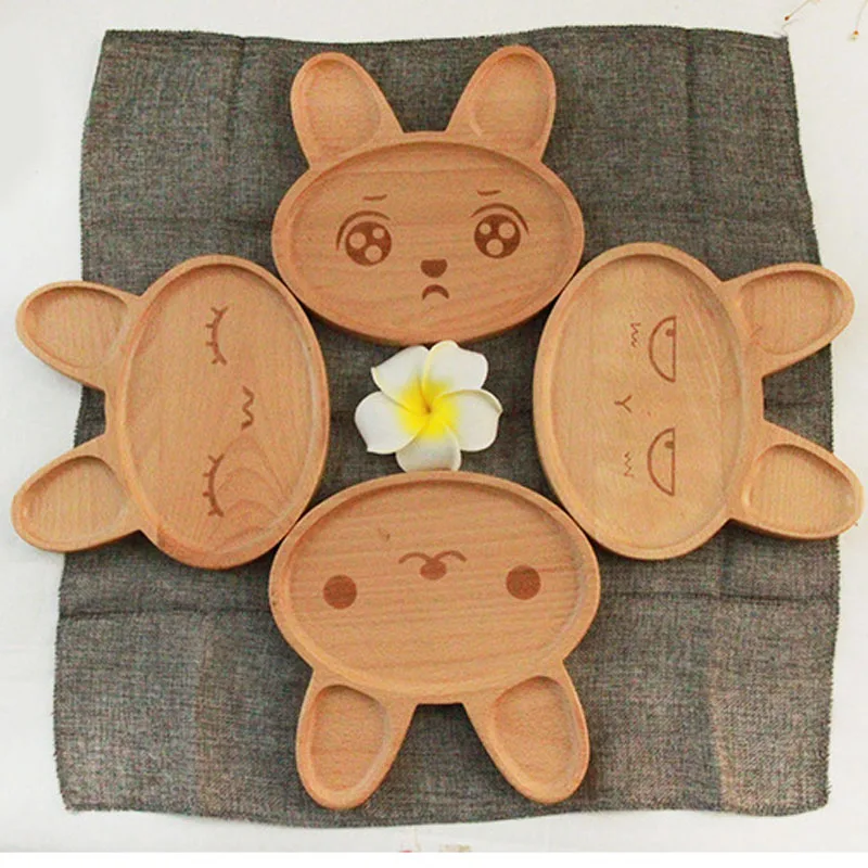 1pcs Cute Rabbit Face Wood Dinner Plate Fork Spoon Set Kids Cartoon Food Fruit Dish Tray Child Baby Serving Table Kitchen Plates