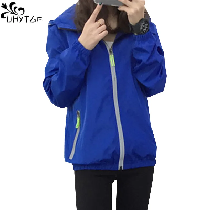 UHYTGF 2022 Spring Autumn Coats Women Wild Hooded Windbreaker Female Fashion 7XL Loose Size Sportswear Top Jacket Chaquetas 345