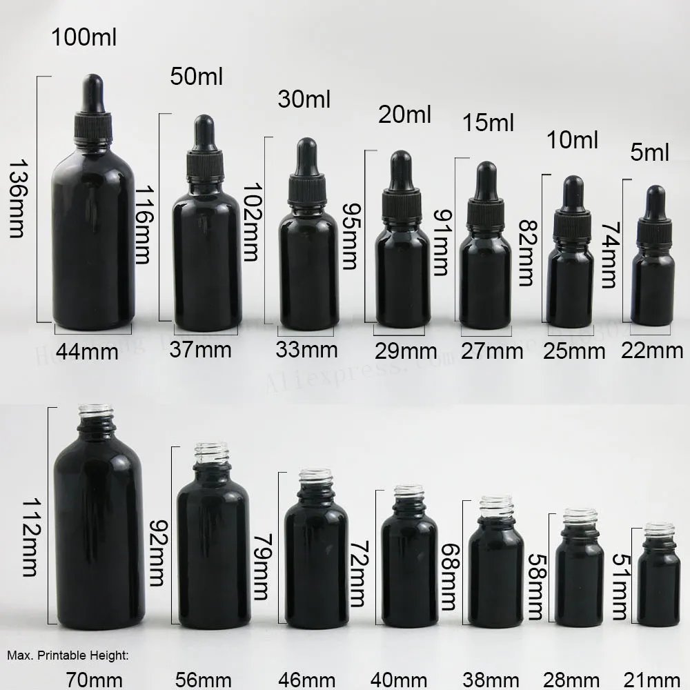 12 x 100ml 50ml 30ml 20ml 15ml 10ml 5ml Shining black glass essential oil dropper bottle Vials Cosmetic Containers