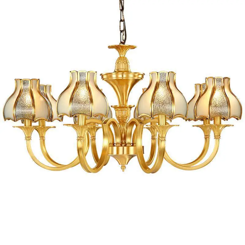 

American Vintage Full Copper Lamp Chandelier Avize For Dining Room Mediterranean Luxury Chandelier Led Lustre E14 Glass Shade