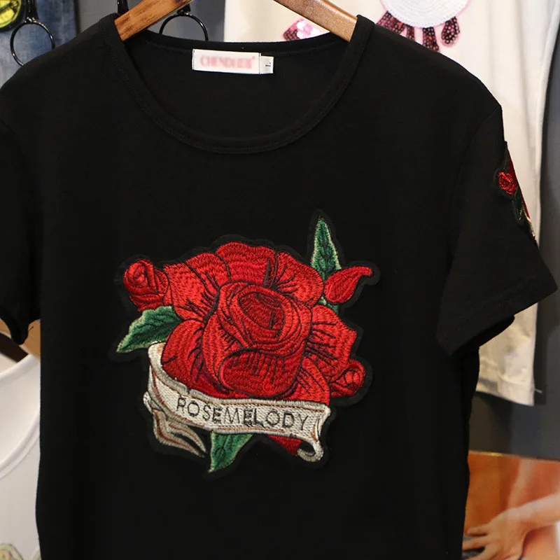 Rose embroidery T-shirt women 2022 summer New Short sleeve Pullovers black cotton round neck casual loose clothes Female tops