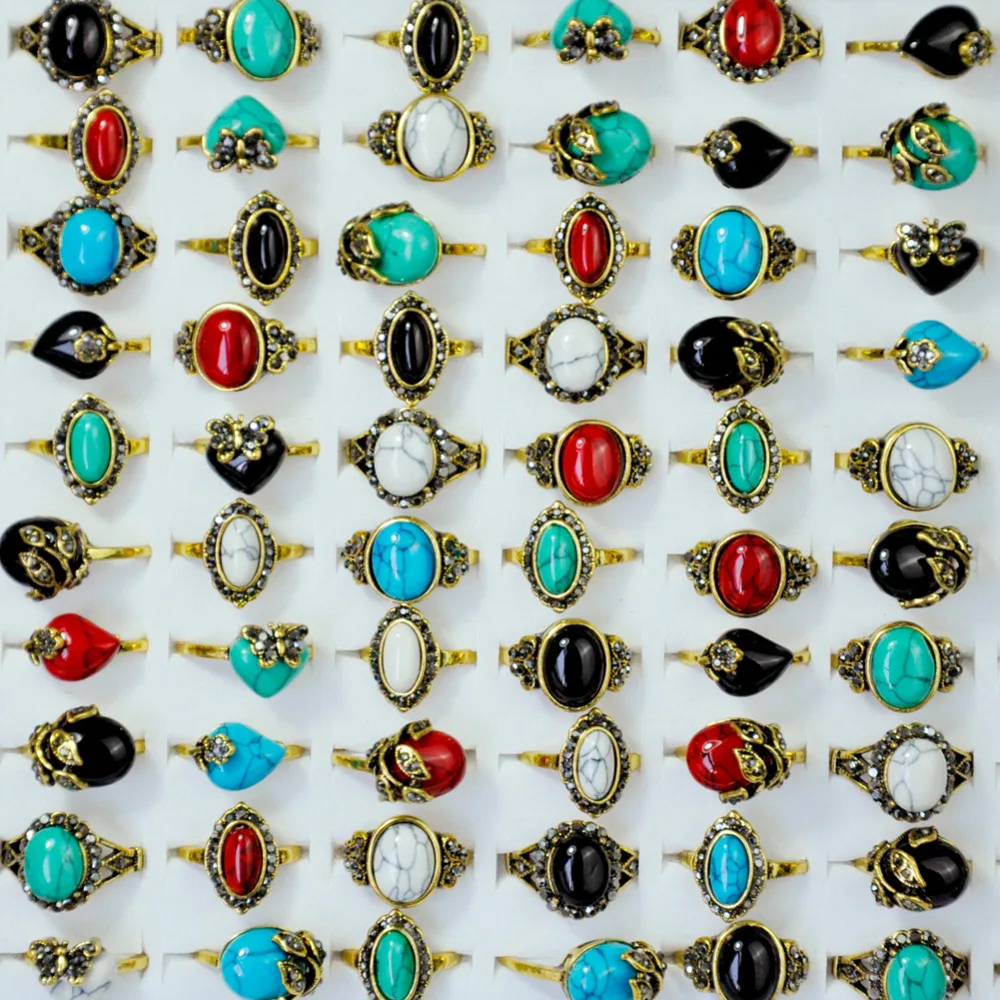 

100Pcs Vintage Turquoises Rhinestone Ancient Gold Women Ring lot female anel Jewelry Lots Top quality LR4054