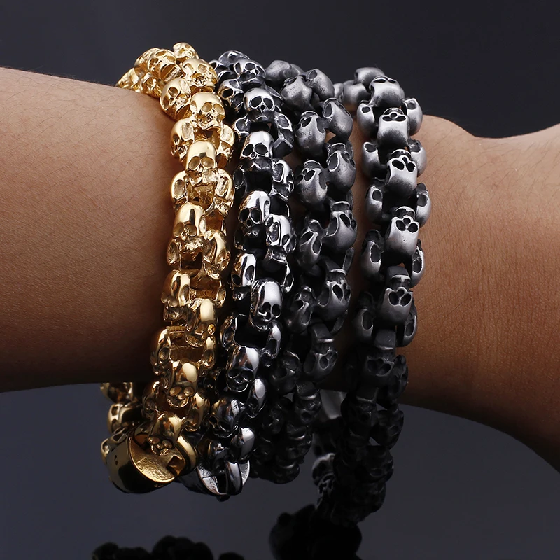 

Four Color Choose 316L Stainless steel Biker Skull skeleton Link Chain Bracelet Jewelry bangle Gothic Mens Gifts 12mm 8.85''