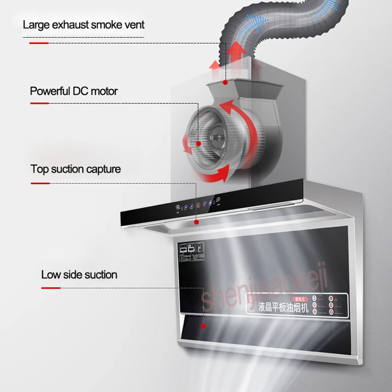 غطاء فوق البوتاجاز لإخراج الأدخنة الحسية الجسدية اللمس من نوع LCD طباخ هود الجانب العلوي مزدوجة شفط نوع كبير شفط غطاء فوق البوتاجاز لإخراج الأدخنة 220 فولت 240 واط 1 قطعة