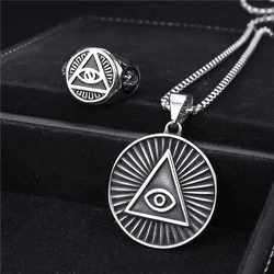Mens Stainless Steel Ring Pendant Necklace Illuminati The All-seeing-eye illunati pyramid/eye symbol Biker Jewelry Sets