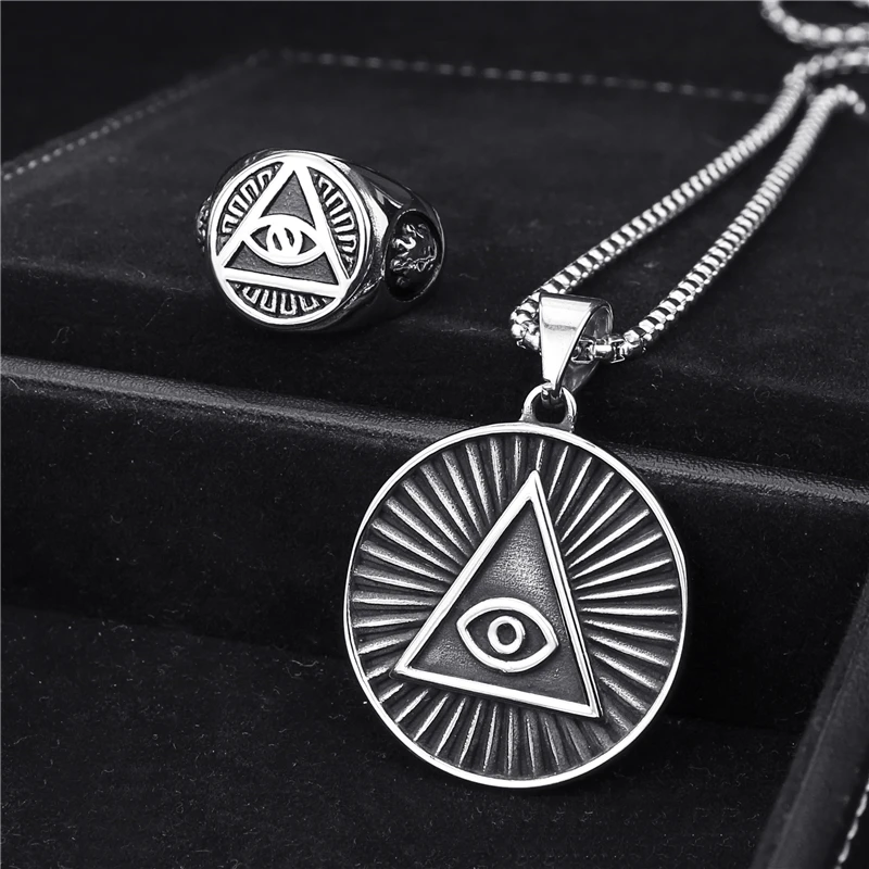 Mens Stainless Steel Ring Pendant Necklace Illuminati The All-seeing-eye illunati pyramid/eye symbol Biker Jewelry Sets