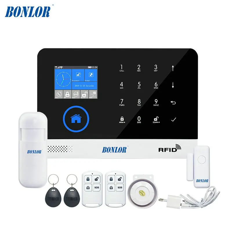 BONLOR NL RU ES PL DE Schakelbare Draadloze Home Security WIFI GSM GPRS alarmsysteem APP Afstandsbediening rfid-kaart Arm Ontw