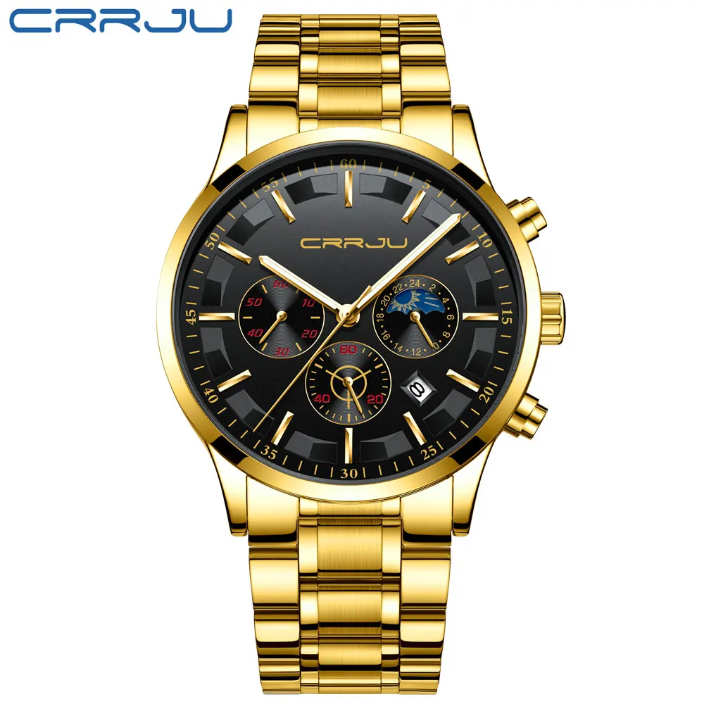 

Men Watches CRRJU Top Brand Business Quartz 30M Waterproof Watches Men's Stainless Steel Band Auto Date Wristwatches Relojes