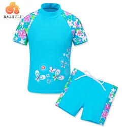 BAOHULU Short Sleeve Print Swimsuit for Girls Kids Swimwear UV Protection 50+ Two-Piece Youth Children's Beach Bathing Suits