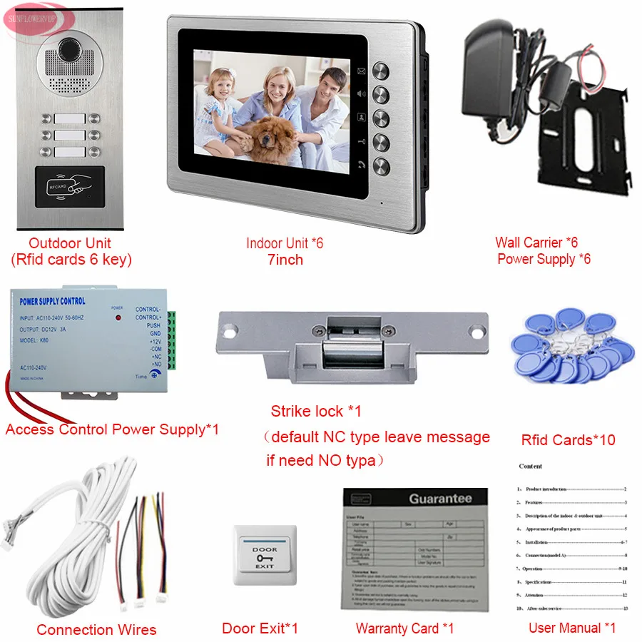 Videollamada en la puerta del apartamento Video puerta de entrada teléfono 6 llaves Rfid puertas de entrada sistemas de campana cerradura eléctrica