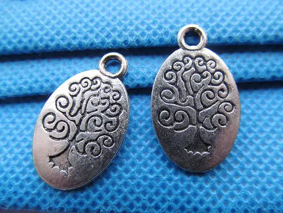 100 piezas de tono plateado antiguo/filigrana de Bronce Antiguo, amuleto de la suerte, árbol de la vida, pulsera ovalada, colgante, accesorio DIY