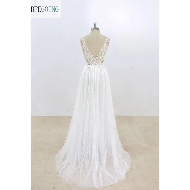 Appliques di pizzo di Tulle bianco scollo a v lunghezza del pavimento abiti da sposa a trapezio Sweep /Brush Train abito da sposa su misura