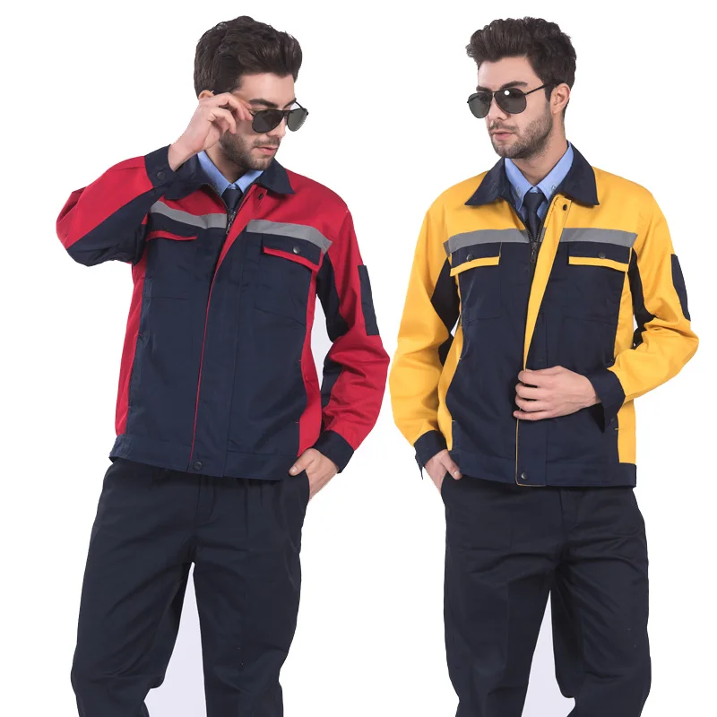 Multi Pockets Industrial Workwear Jacket and Trousers Work Set Clothing with Reflective Stripe Embroidery Logo